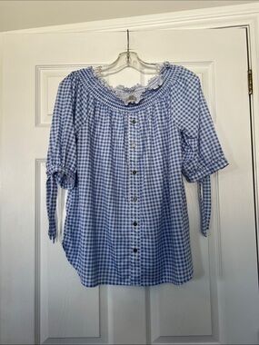 4/$20 Passport Blue and White Gingham Short Sleeve Peasant Top